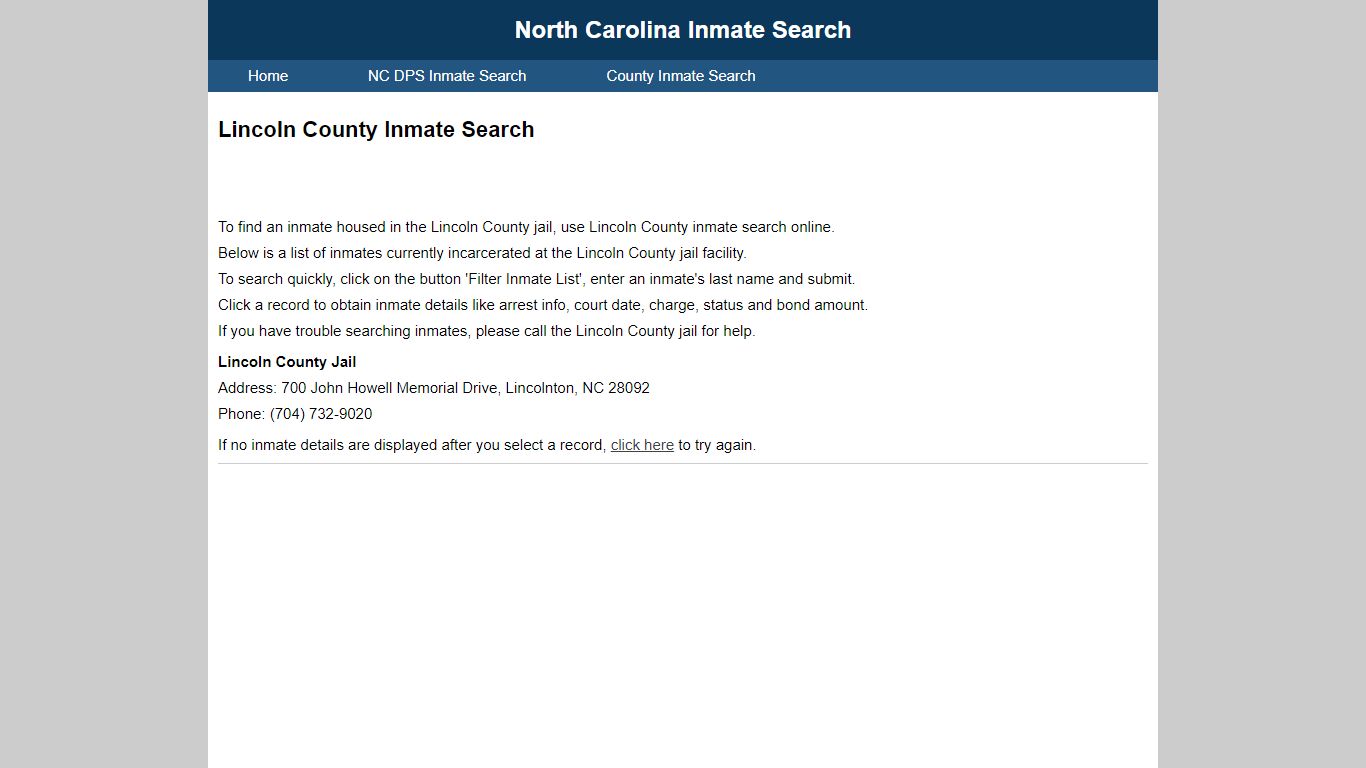 Lincoln County Inmate Search - North Carolina Inmate Search