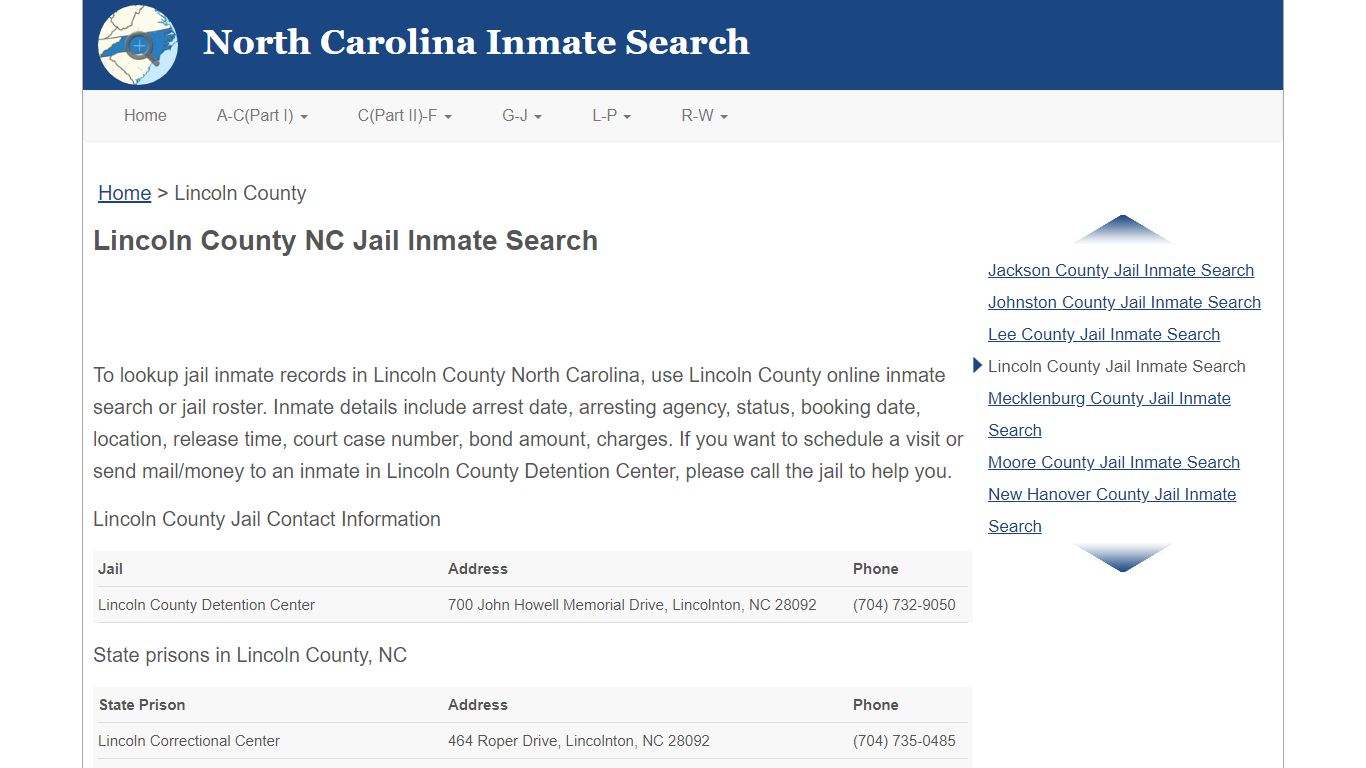 Lincoln County NC Jail Inmate Search